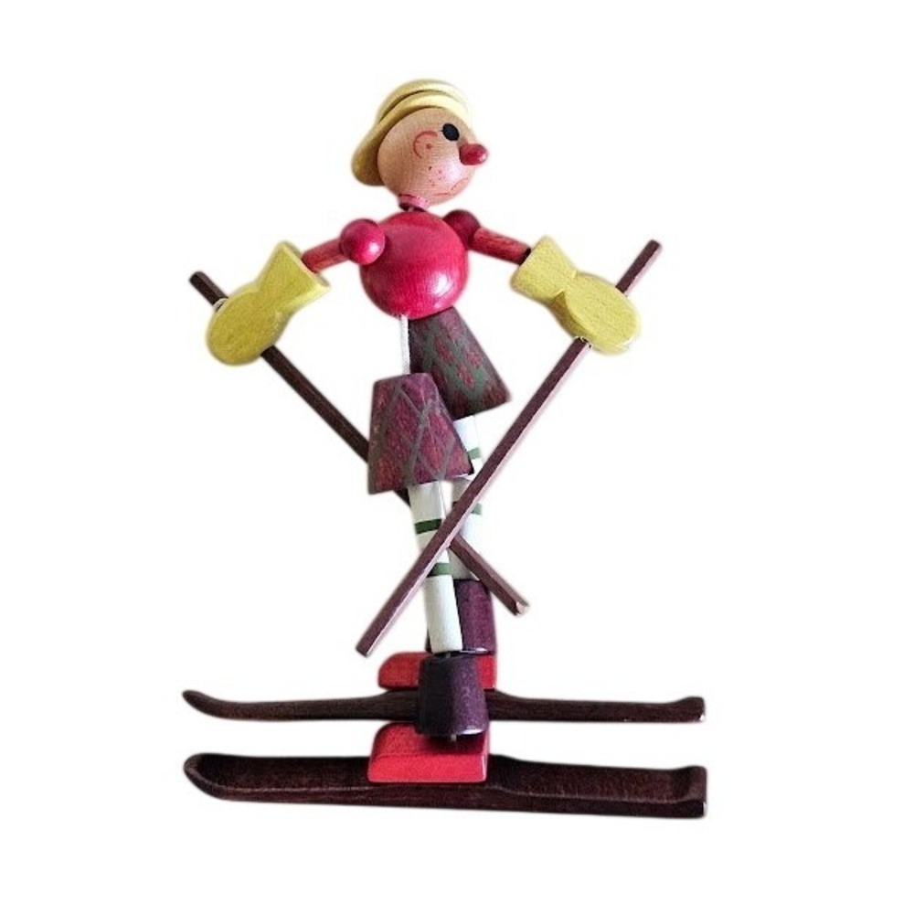 Vintage Wooden Skier Figurine Hand Painted Scandinavian Folk Art Winter Decor